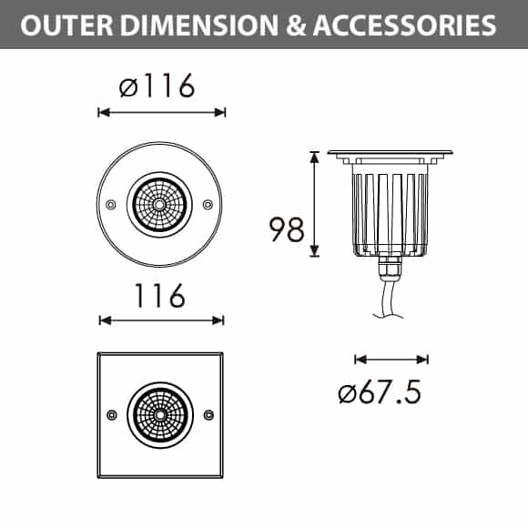 Outdoor LED Inground COB Light - R2DFR0126 &R2DFS0126 - Diamension