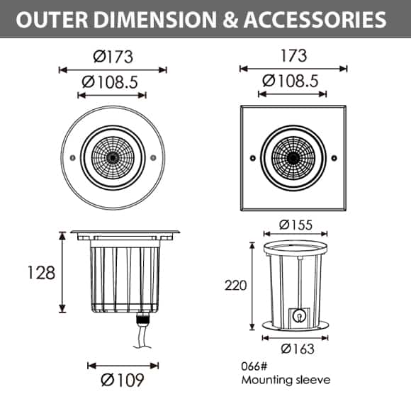 Outdoor LED Inground COB Light - R2EFR0129 &R2EFS0129 - Diamension