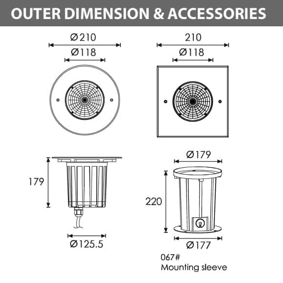 Outdoor LED Inground COB Light - R2EFR0170 &R2EFS0170 - Diamension