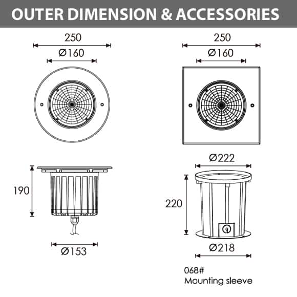 Outdoor LED Inground COB Light - R2GFR0173 &R2GFS0173 - Diamension