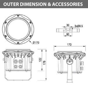 Outdoor LED Projector Lights - JRF3-12 - Diamension