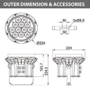 Outdoor LED Projector Lights - JRF3-12R - Diamension