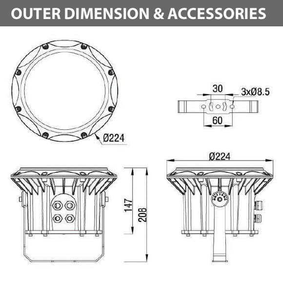 Outdoor LED Projector Lights - JRF3-18 - Diamension