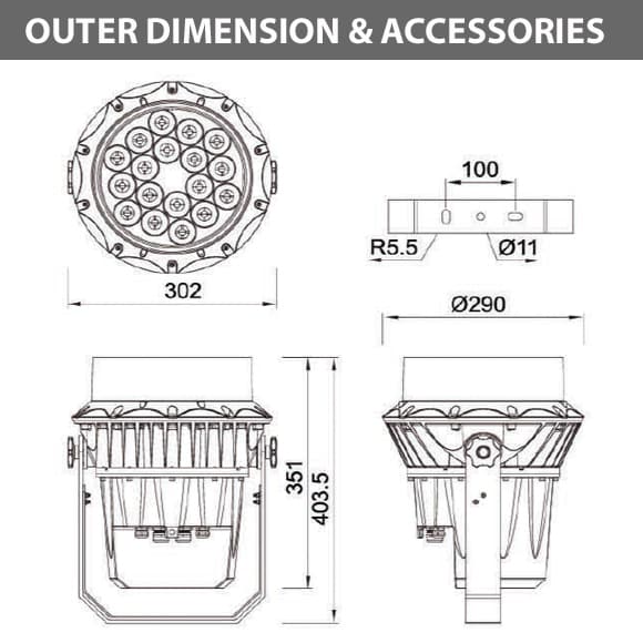 Outdoor LED Projector Lights - JRF3-18R - Diamension