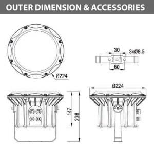 Outdoor LED Projector Lights - JRF3-24 - Diamension