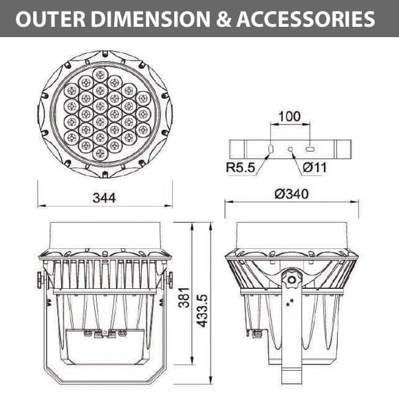 Outdoor LED Projector Lights - JRF3-27R - Diamension