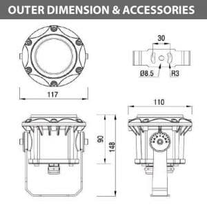 Outdoor LED Projector Lights - JRF3-3 - Diamension