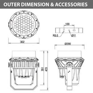 Outdoor LED Projector Lights - JRF3-54D - Diamension