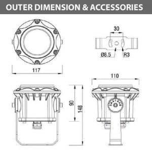 Outdoor LED Projector Lights - JRF3-6 - Diamension