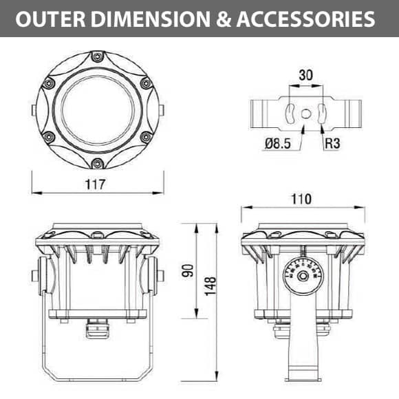 Outdoor LED Projector Lights - JRF3-6 - Diamension