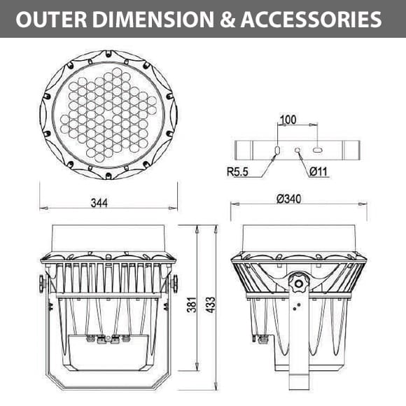 Outdoor LED Projector Lights - JRF3-72D - Diamension