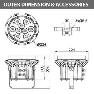 Outdoor LED Projector Lights - JRF3-9R - Diamension