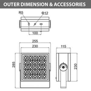 Outdoor LED Projector Lights - JRF4-L-G-Diamension