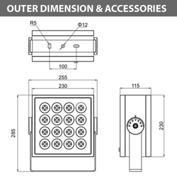 Outdoor LED Projector Lights - JRF4-L-R-Diamension