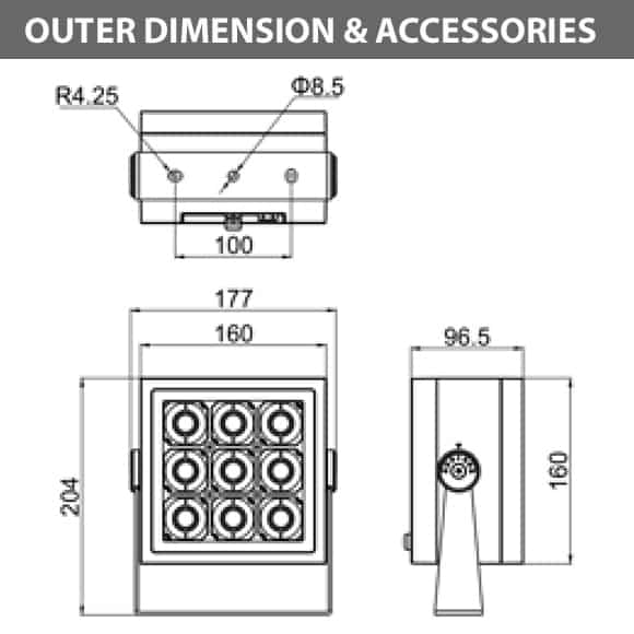 Outdoor LED Projector Lights - JRF4-M-G-Diamension