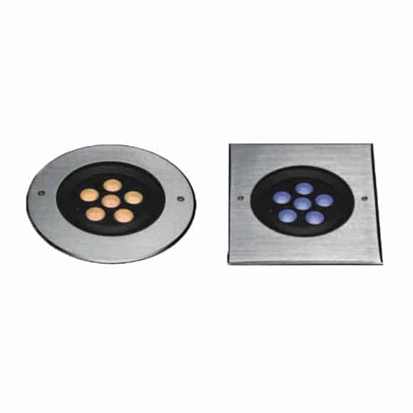 Circular lights for driveway, outdoor architectural lighting, driveway lighting ideas, recessed well lights and LED park lighting