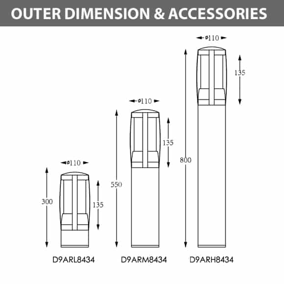 LED Bollard Light - D9ARL8434-D9ARM8434-D9ARH8434-Dia